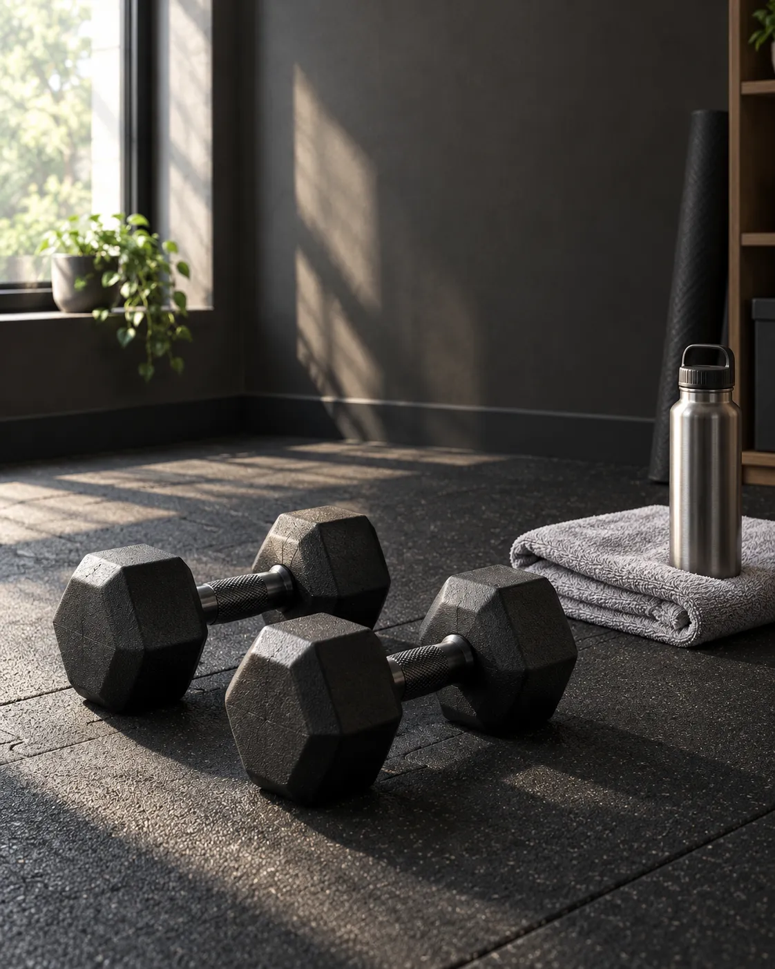 Home gym corner with dumbbells and a training mat
